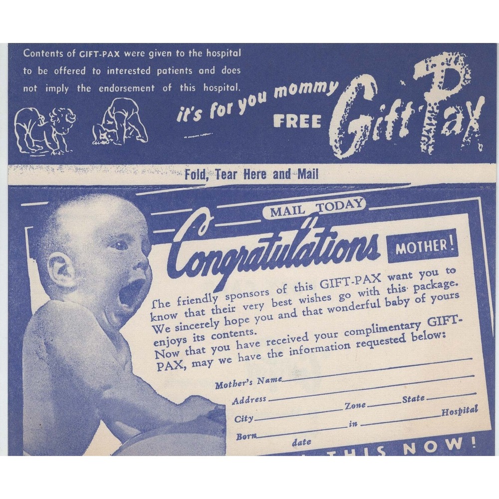 Vintage Gift-Pax Postcard Hospital Baby Promotion Blue White Ephemera VG+ - Picture 1 of 2